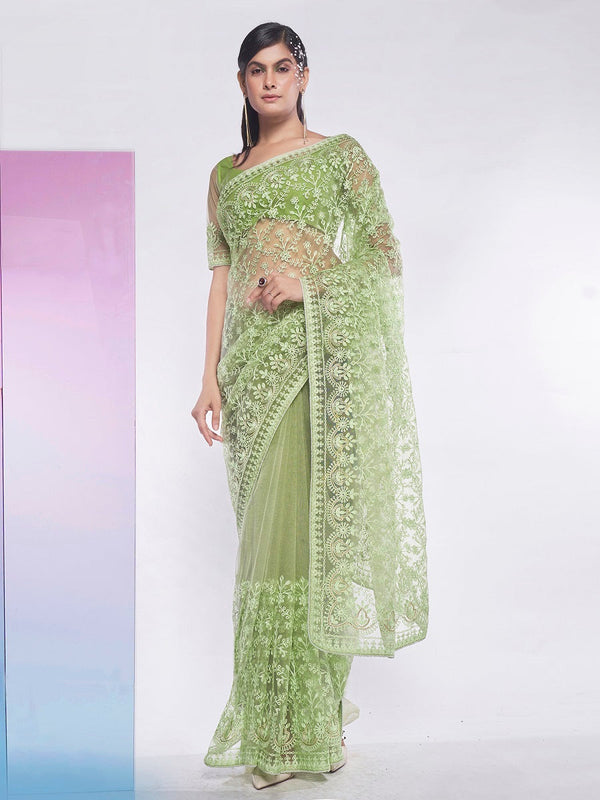 Women Party Wear Embroidery Worked Net Saree with Un Stitched Blouse | womensfashionfun