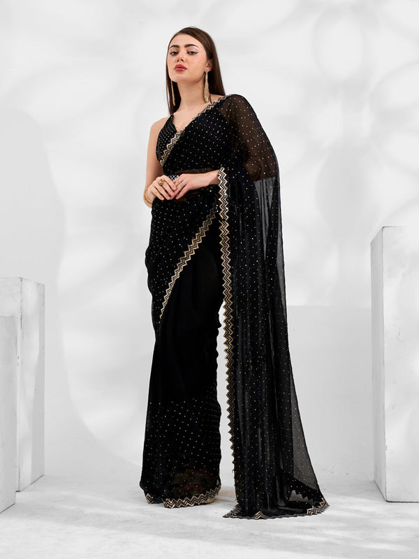 Women Party Wear Stone Worked Shimmer Chiffon Saree with Un Stitched Blouse | womensfashionfun