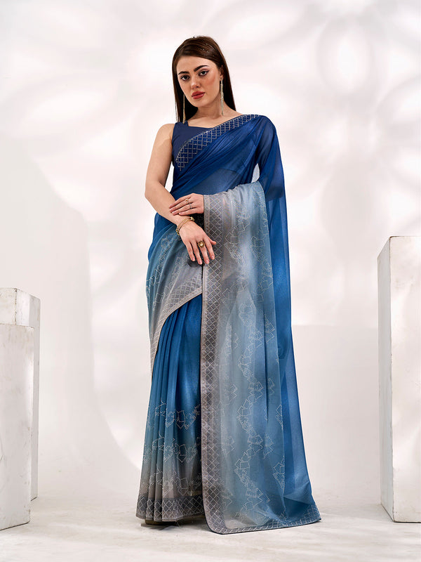 Women Party Wear Stone Worked Lycra Saree with Un Stitched Blouse | womensfashionfun