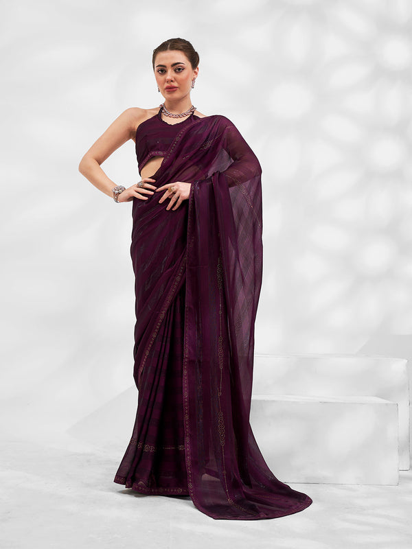Women Party Wear Stone Worked Chiffon Saree with Un Stitched Blouse | womensfashionfun