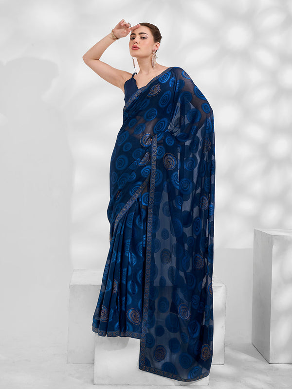 Women Party Wear Stone Worked Moss Jacquard Saree with Un Stitched Blouse | womensfashionfun
