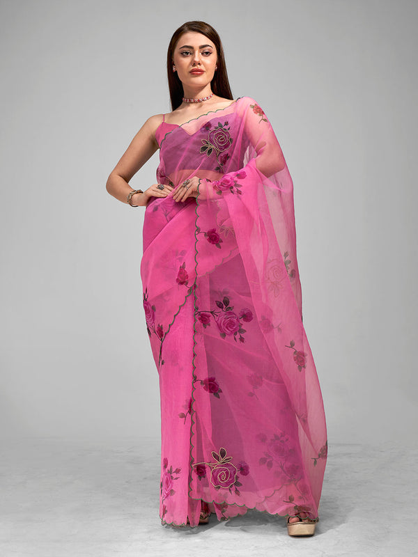 Women Party Wear Printed Organza Silk Saree with Un Stitched Blouse | womensfashionfun