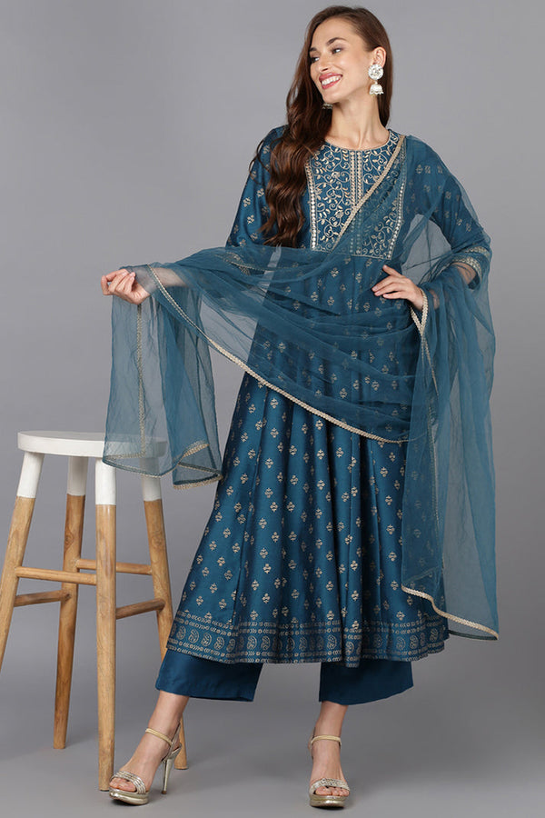 Blue Silk Blend Anarkali Kurta Pant With Dupatta