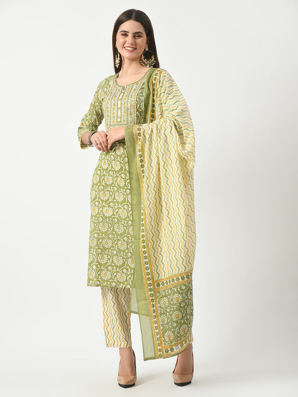 Green Printed and Embroidered Kurta Pant With Dupatta Set | WomensFashionFun.com
