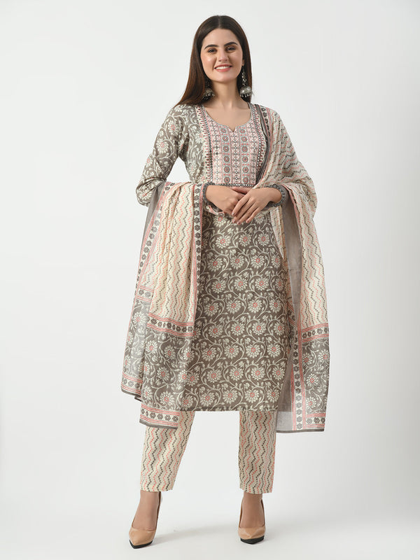 Grey Printed and Embroidered Kurta Pant With Dupatta Set | WomensFashionFun.com