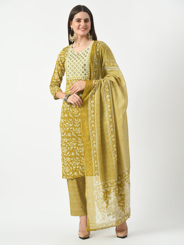 Mustard Printed and Embroidered Kurta Pant With Dupatta Set | WomensFashionFun.com