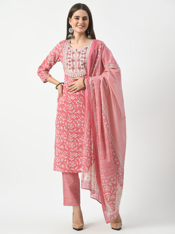 Pink Printed and Embroidered Kurta Pant With Dupatta Set | WomensFashionFun.com
