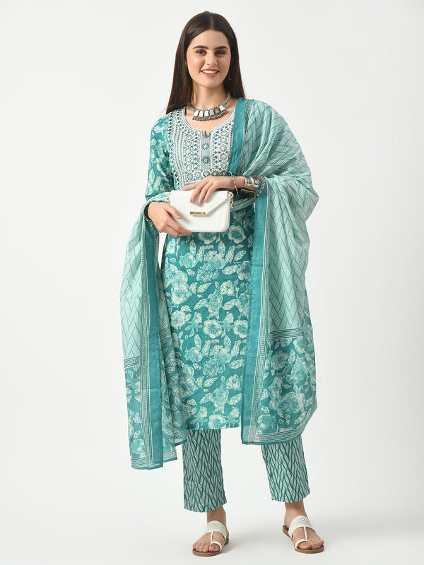 Blue Printed and Embroidered Kurta Pant With Dupatta Set | WomensFashionFun.com