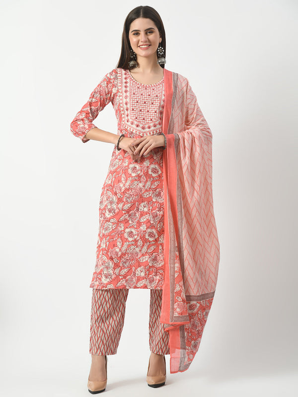 Pink Printed and Embroidered Kurta Pant With Dupatta Set | womensfashionfun