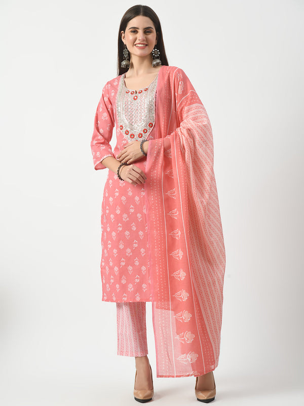 Pink Printed and Embroidered Kurta Pant With Dupatta Set | womensfashionfun