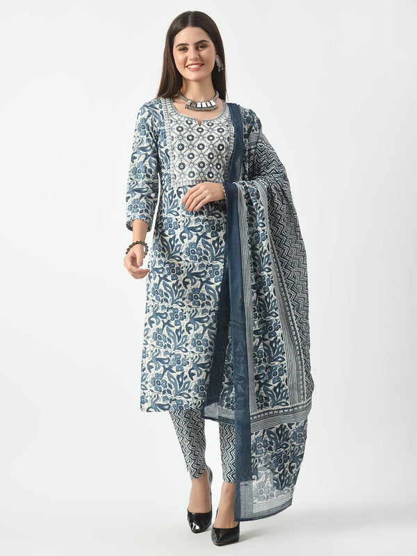 Blue Printed and Embroidered Kurta Pant With Dupatta Set | womensfashionfun