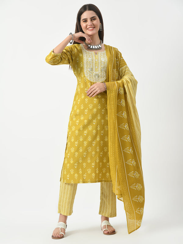 Mustard Printed and Embroidered Kurta Pant With Dupatta Set | womensfashionfun