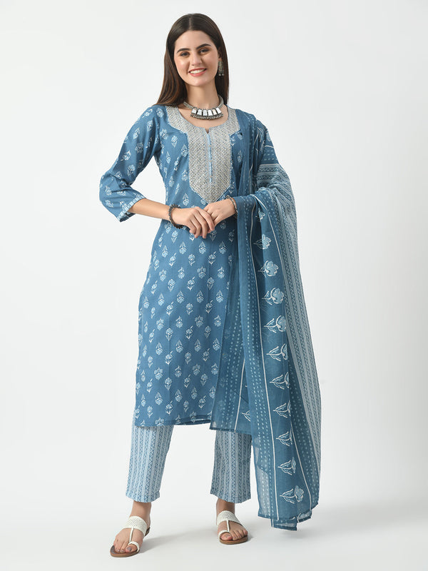 Blue Printed and Embroidered Kurta Pant With Dupatta Set | womensfashionfun