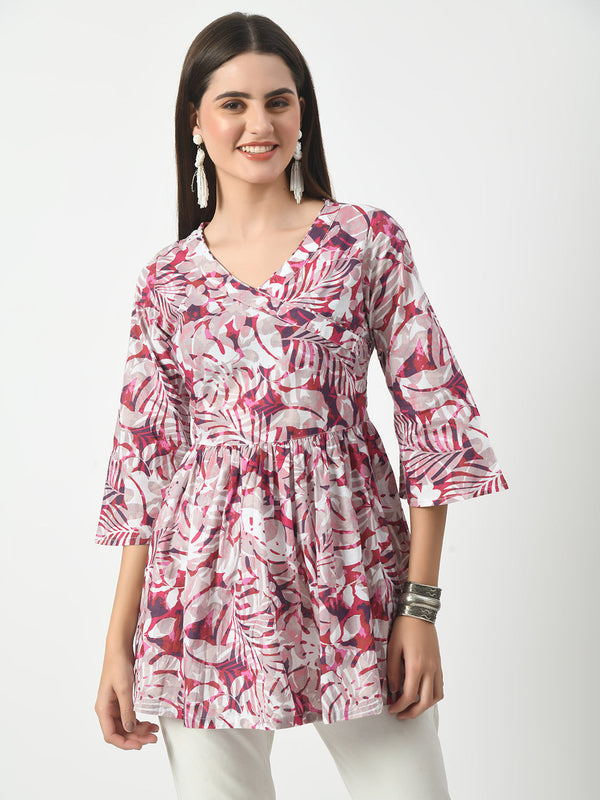 Women's Pink Printed Flared Short Kurti With Angrakha Style | WomensFashionFun.com