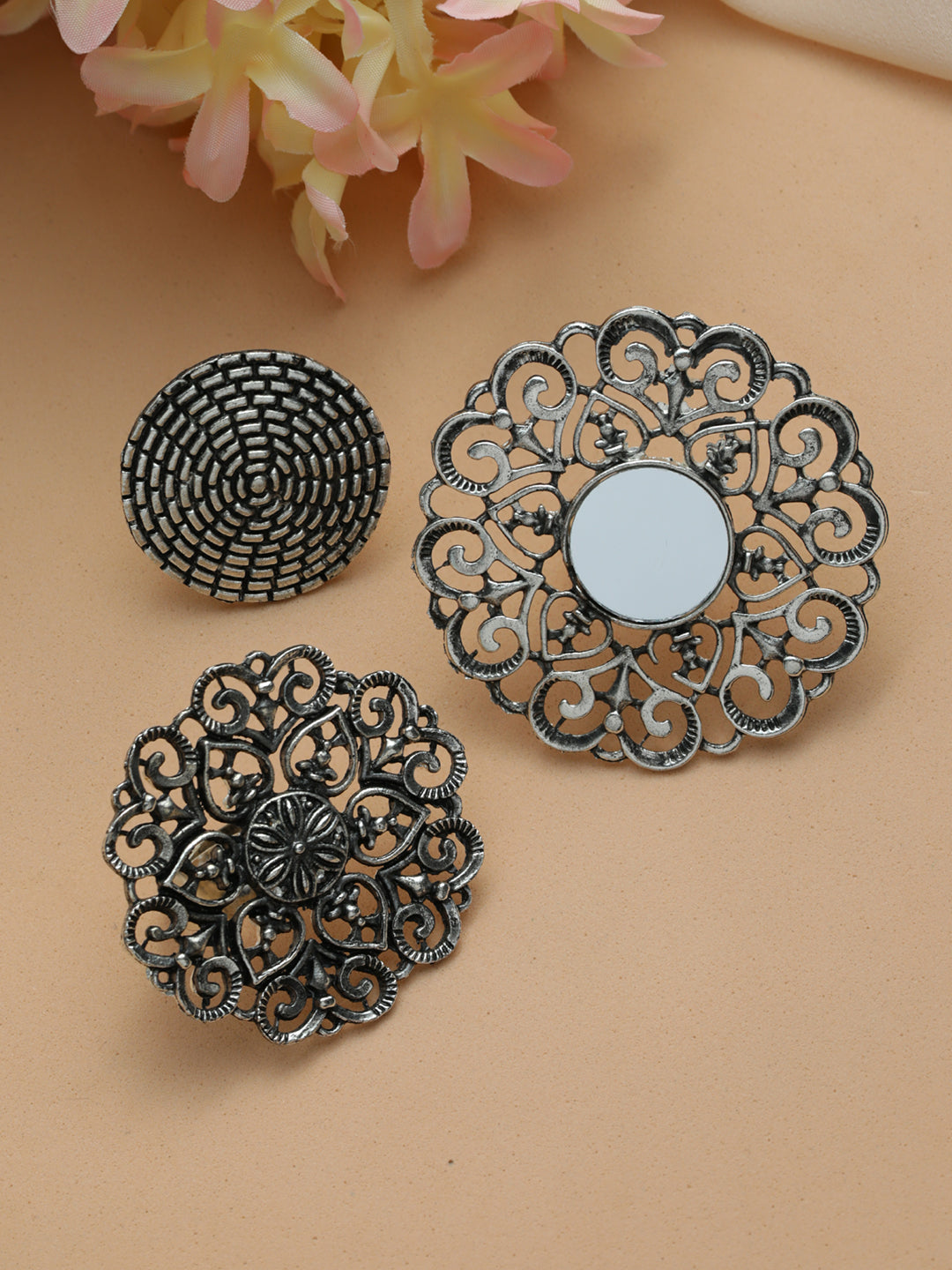 Women Floral Mirror Oxidised Silver Ring Set of 3