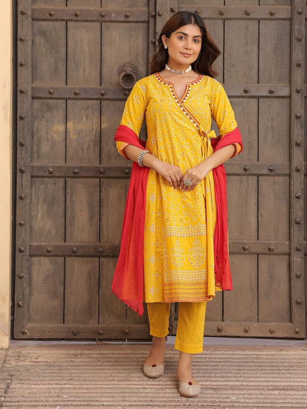 Women Cotton Cambric Mustard Bandhani Printed Kurta, Pants & Dupatta Set | WomensFashionFun.com