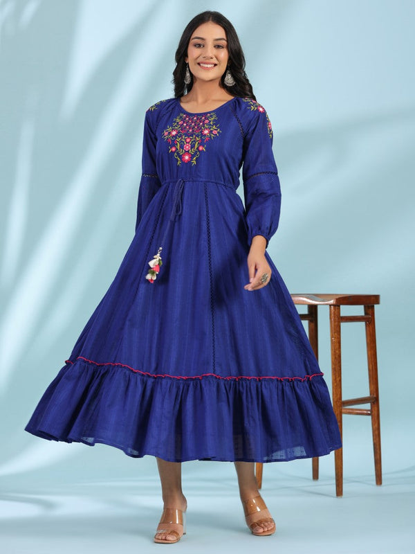 Women Floral Embroidered Indigo Cotton Dobby Tiered Maxi Dress | womensfashionfun