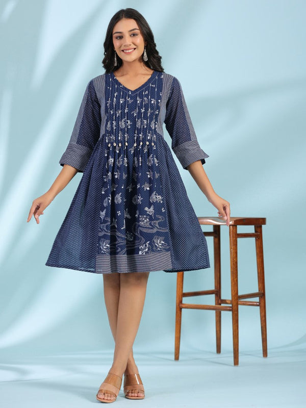 Women Cotton Voile Blue Printed Short Dress | womensfashionfun