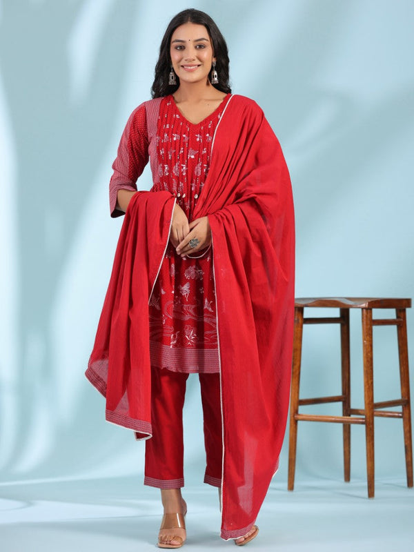 Women Red Cotton Voile Printed Kurta, Pants & Dupatta Set | WomensFashionFun.com