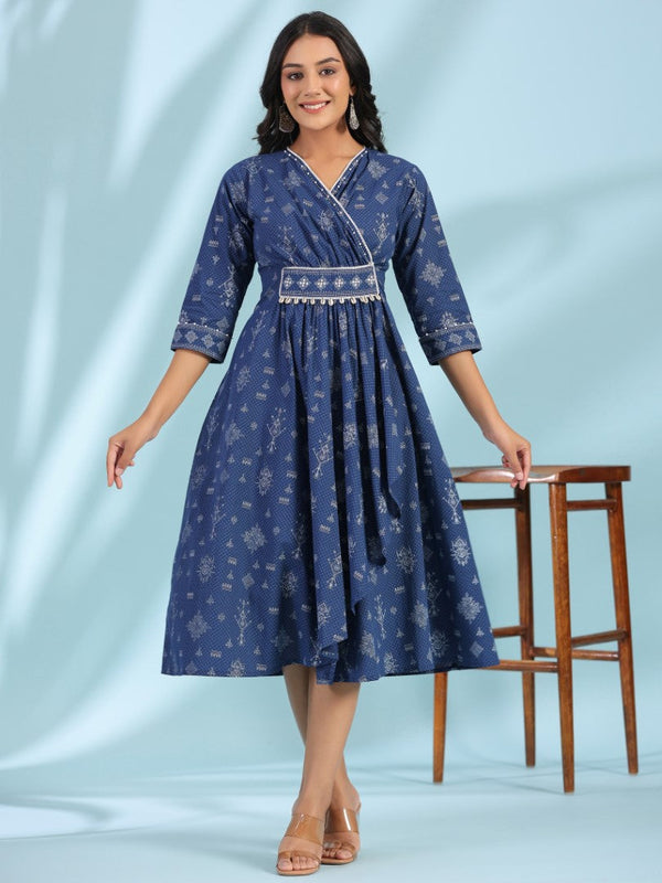 Women Cotton Cambric Blue Printed Midi Dress | WomensFashionFun.com
