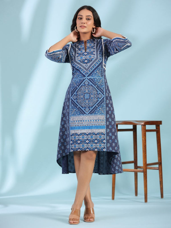Women Blue Cotton Cambric Printed Asymmetric Midi Dress | WomensFashionFun.com