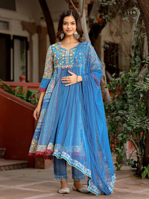 Women Blue Cotton Cambric & Net Floral Print with Embroidery Flared Kurta Set | WomensFashionFun.com