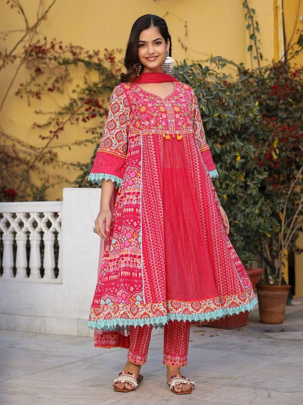 Women Pink Cotton Cambric & Net Floral Print with Embroidery Flared Kurta Set | WomensFashionFun.com