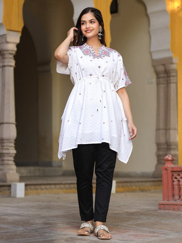 Women White Cotton Dobby Embroidered Tunic | WomensFashionFun.com