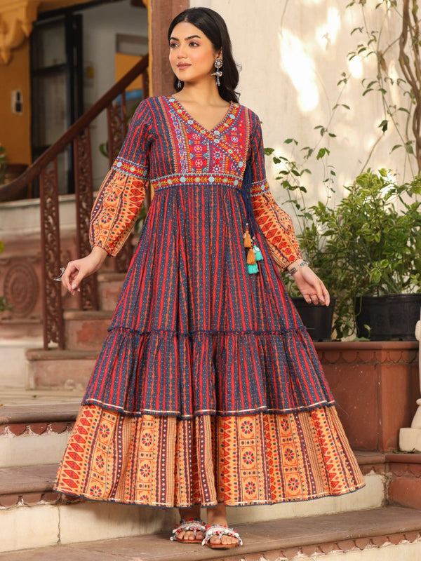 Women Ikat Printed & Embroidered Rust Cotton Voile Tiered Maxi Dress | womensfashionfun
