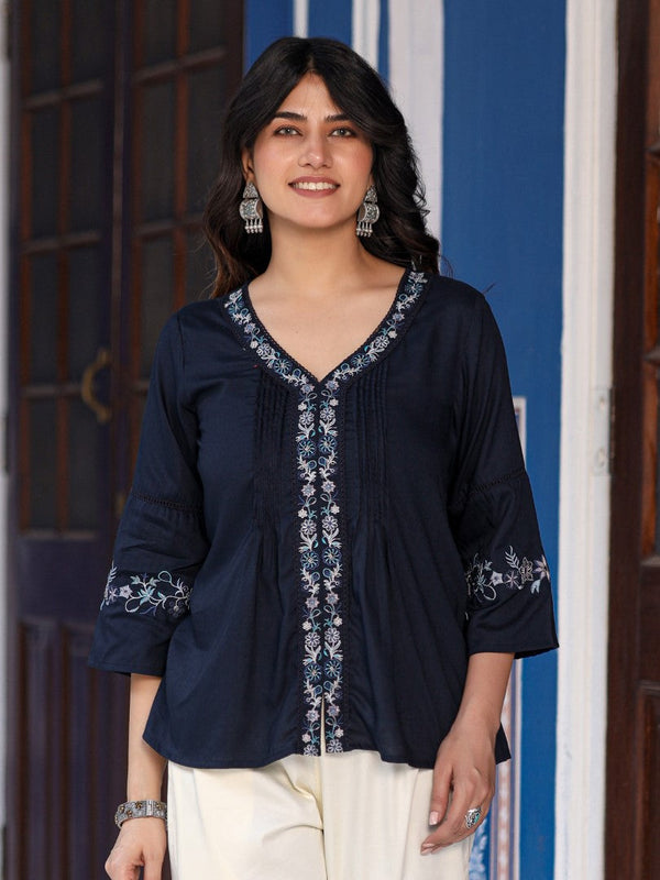 Women Navy Blue Rayon Solid with Embroidered Tunic | WomensFashionFun.com