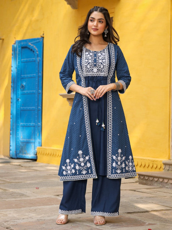 Women Blue Cotton Cambric Embroidered Jacket Style Kurta & Palazzo Set | WomensFashionFun.com