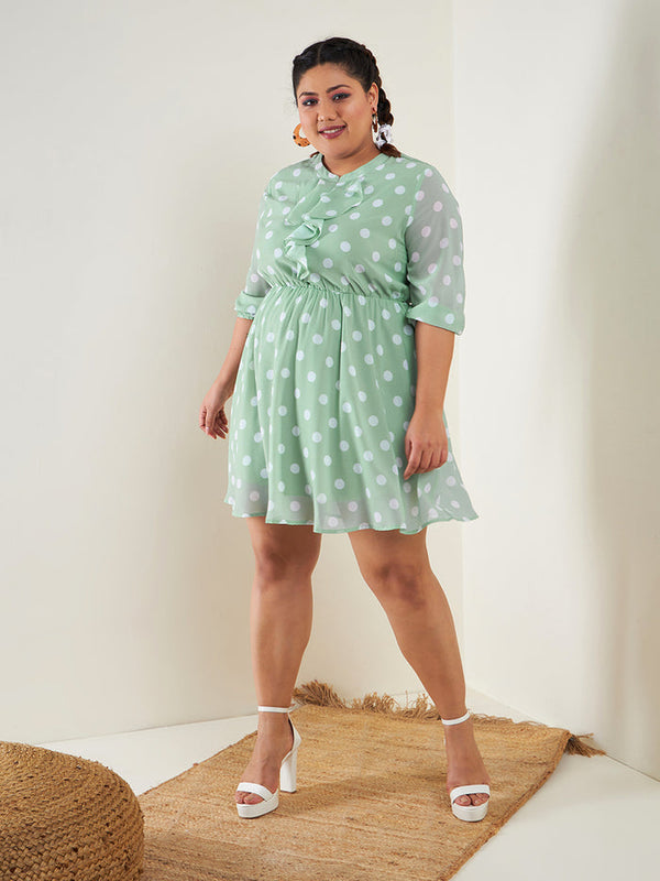 Women Sea Green Polka Dot Fit & Flare Ruffle Dress | WomensFashionFun.com