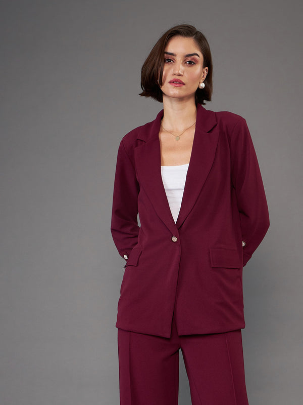 Women Burgundy Front Button Blazer | womensfashionfun