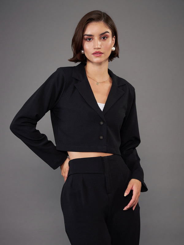 Women Black Notch Collar Crop Blazer | womensfashionfun