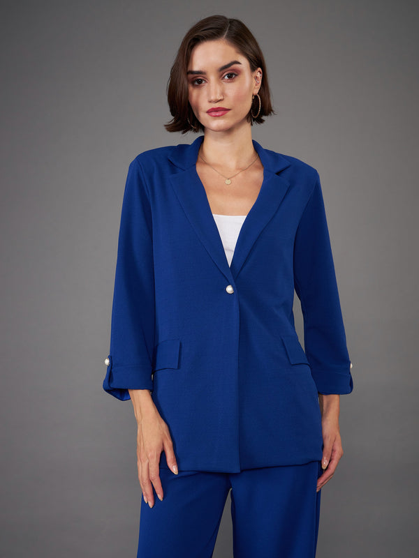 Women Royal Blue Front Button Blazer | WomensFashionFun.com