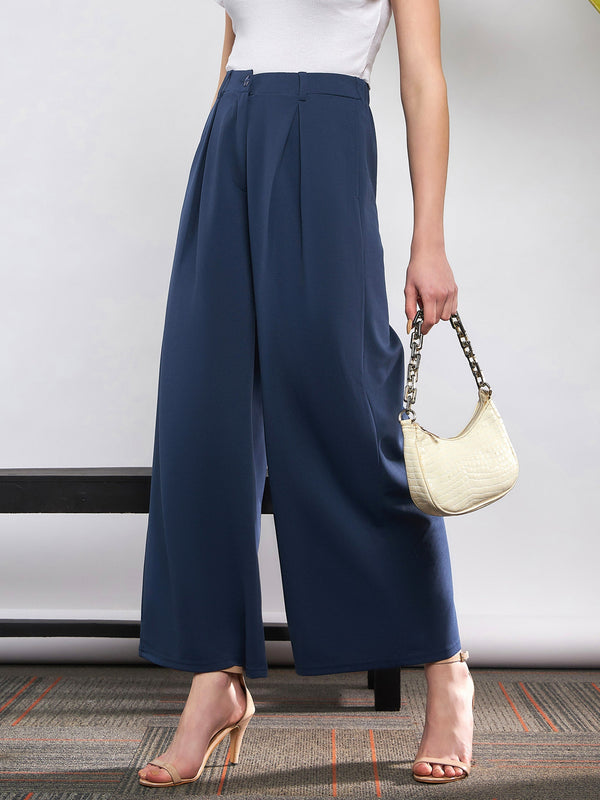 Women Blue Front Pleated Loose Fit Korean Pants | WomensFashionFun.com
