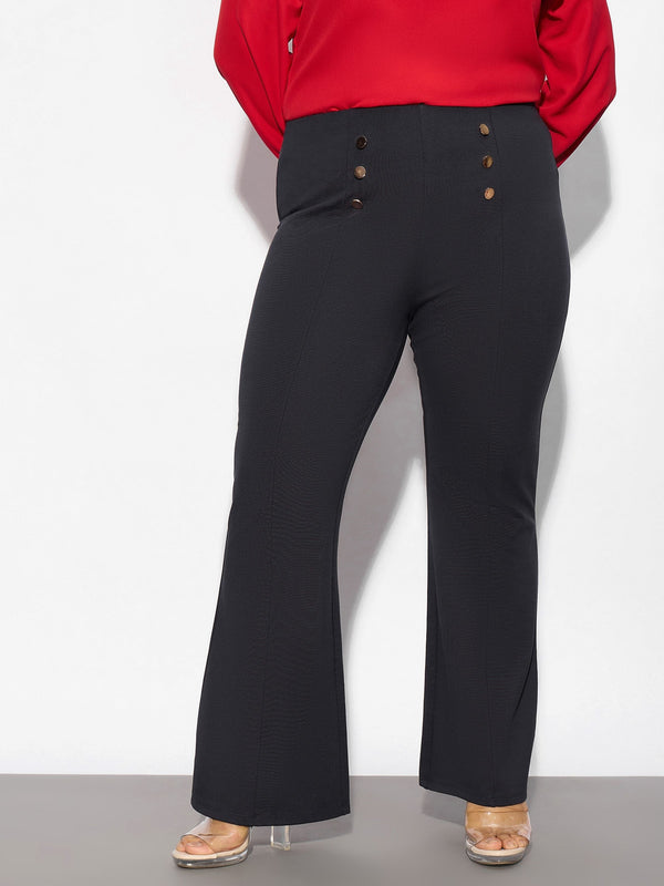 Women Grey Mock Button Detail Bell Bottom Trousers | WomensFashionFun.com
