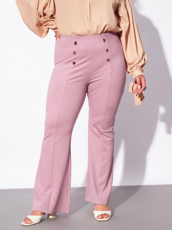 Women Pale Pink Mock Button Detail Bell Bottom Trousers | WomensFashionFun.com