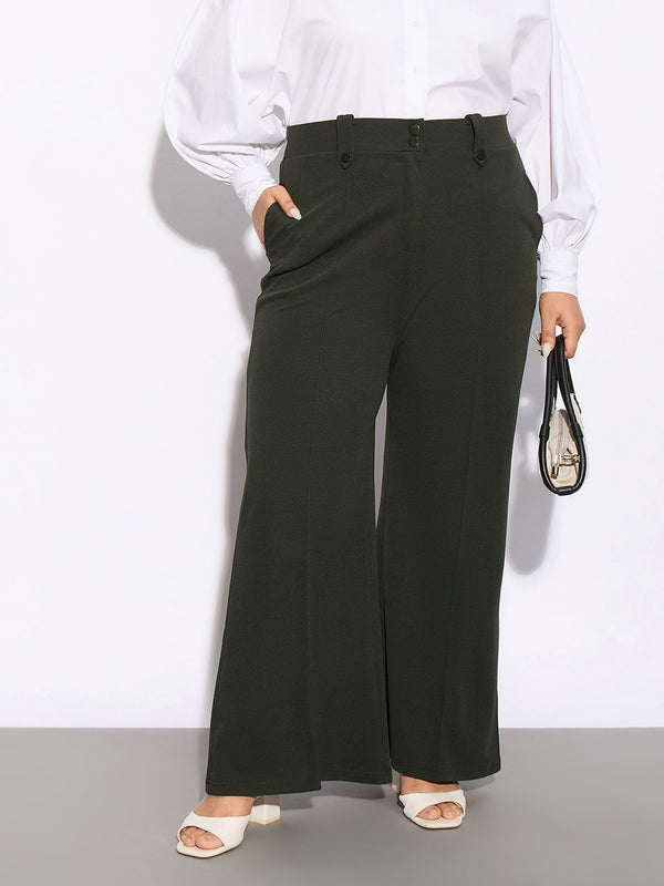 Women Olive Front Loop Detail Bell Bottom Pants | womensfashionfun