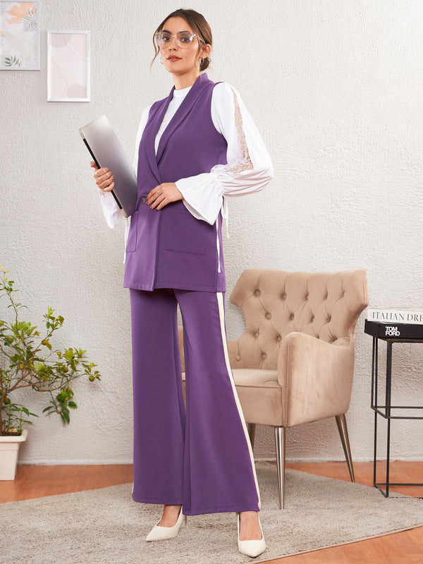 Women Purple Sleeveless Blazer With Bell Bottom Pants | womensfashionfun