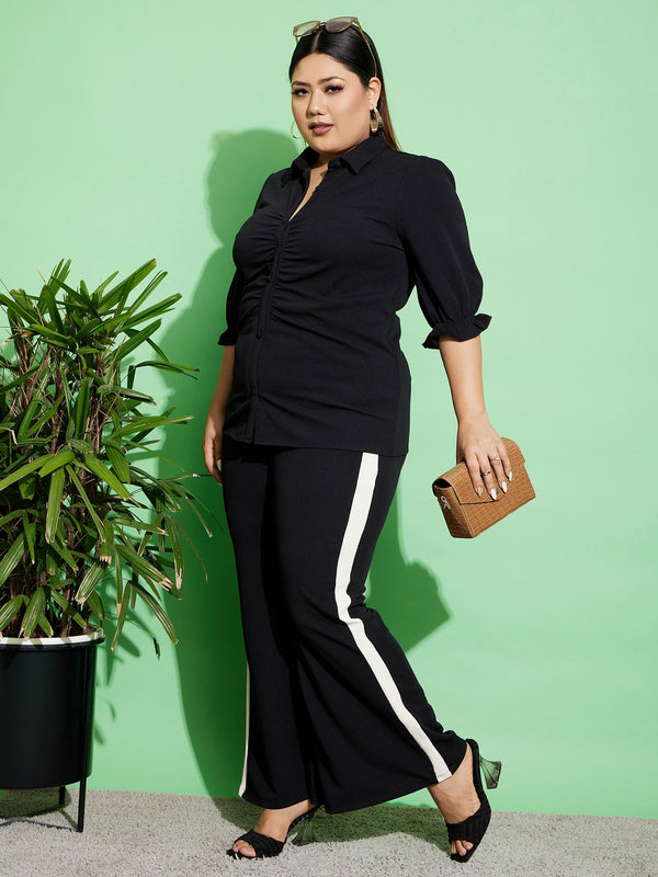 Women Black Ruched Shirt With Side Tape Pants | WomensFashionFun.com