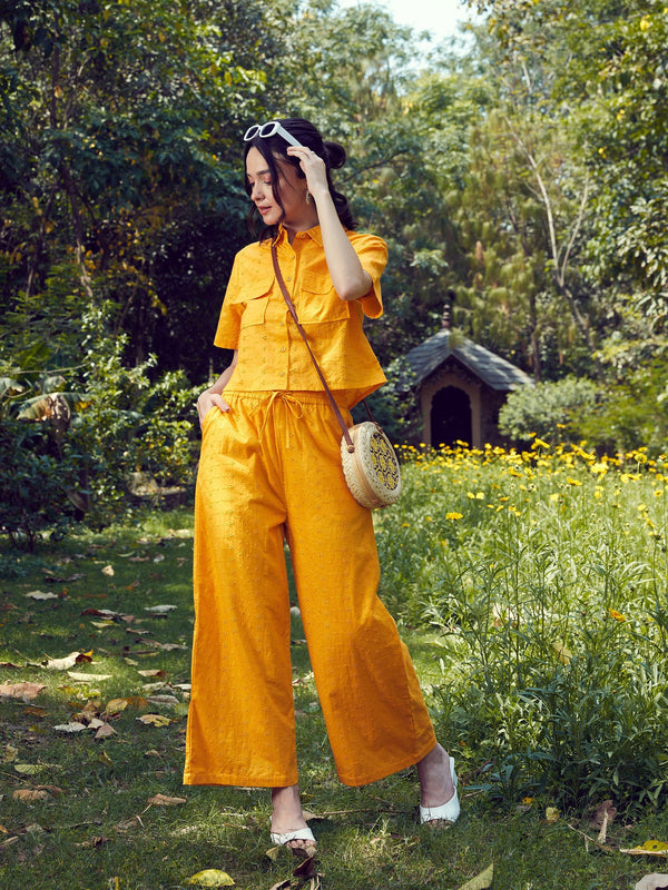 Women Mustard Schiffli Crop Shirt With Wide Leg Pants | womensfashionfun