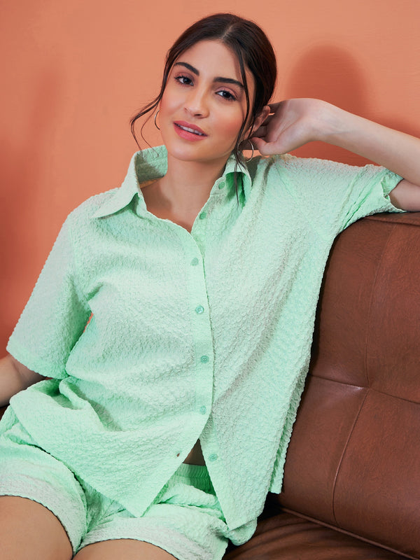 Women Mint Green Seersucker Crop Shirt With Shorts | womensfashionfun