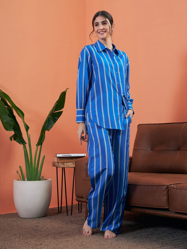 Women Blue Stripes Shirt With Lounge Pants | womensfashionfun