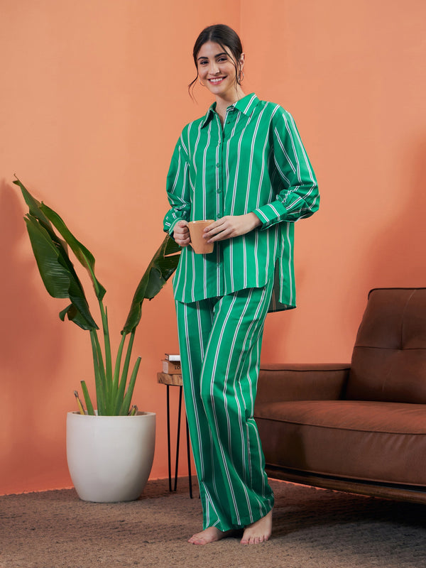 Women Green Stripes Shirt With Lounge Pants | womensfashionfun