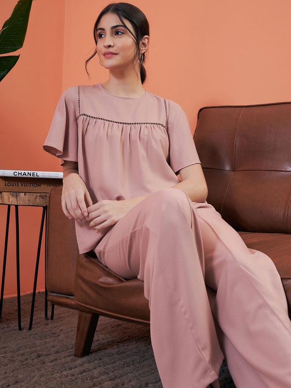 Women Pink Lace Insert Top With Lounge Pants | WomensFashionFun.com