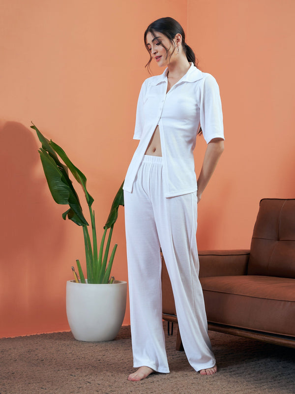 Women White Rib Shirt With Lounge Pants | womensfashionfun