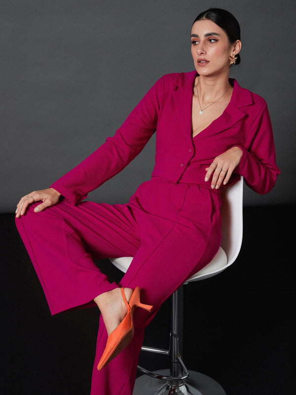 Women Pink Notch Collar Crop Blazer With Palazzo Pants | WomensFashionFun.com