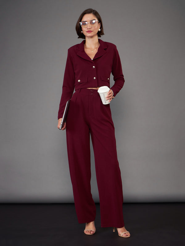 Women Burgundy Notch Collar Crop Blazer With Pleated Pants | WomensFashionFun.com