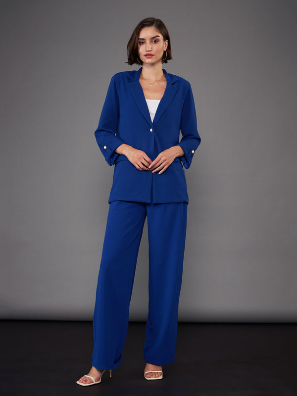Women Royal Blue Front Button Blazer With Pleated Pants | WomensFashionFun.com